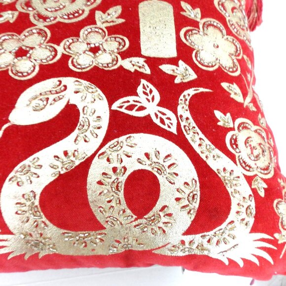 NWT Red Velvet Decorative Rectangle Pillow Gold Snakes Flowers Beaded Tessles - Picture 5 of 10